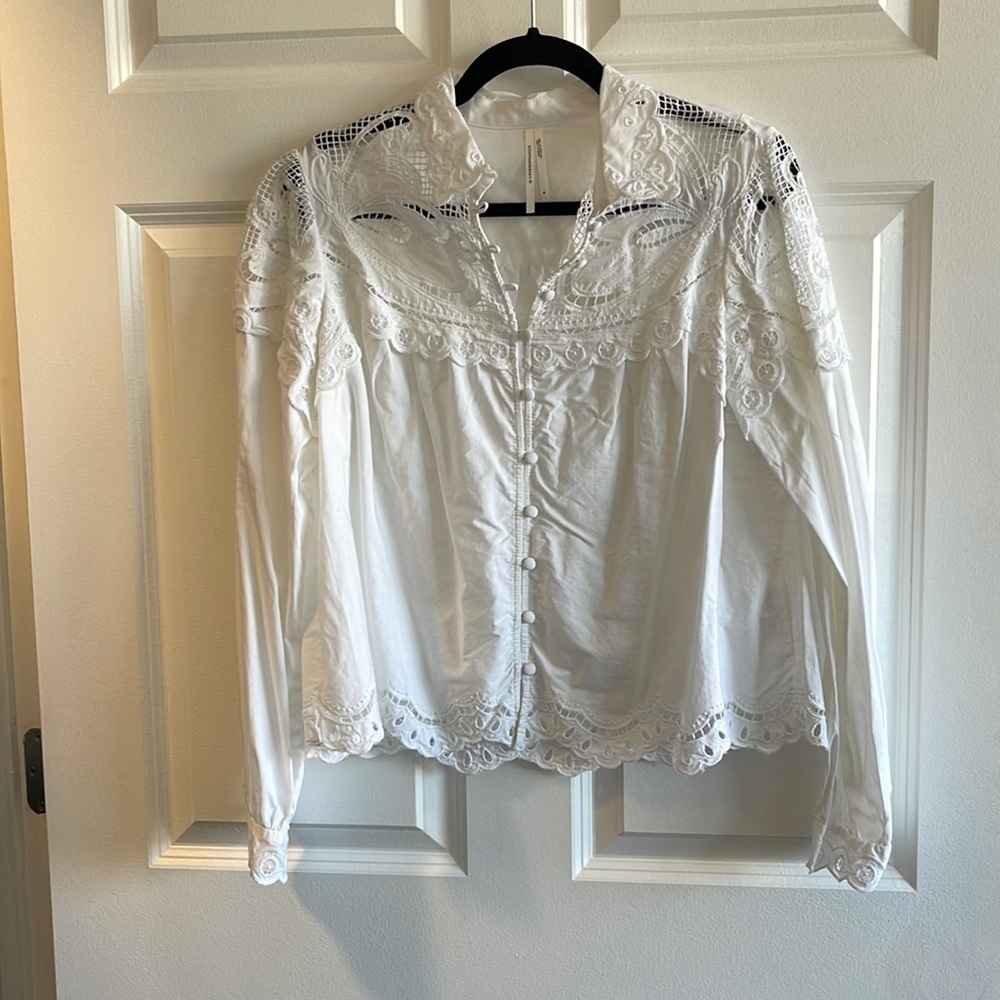 Anthropologie White Blouse with Lace Detail | M